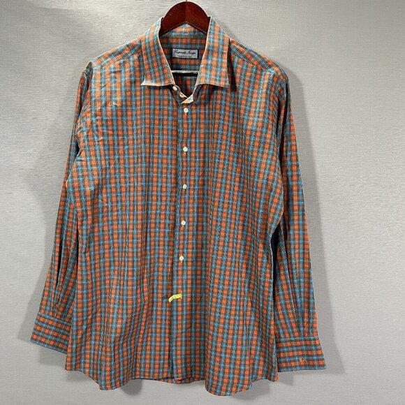 Corporate  Image for Tom James Shirt Mens XL Orange Blue Plaid Button Up - Picture 1 of 7